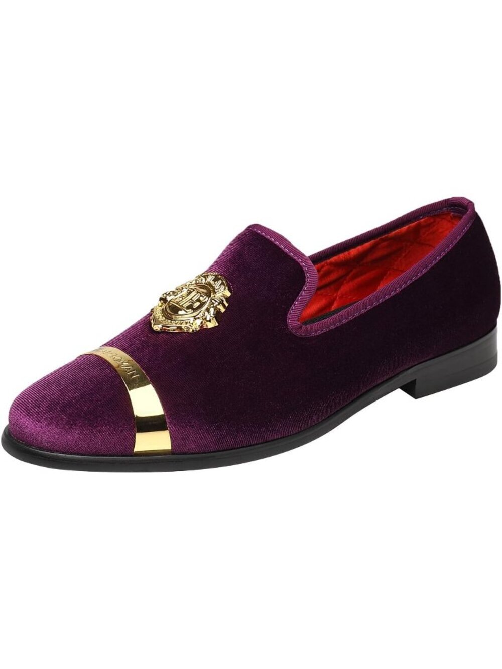 ELANROMAN Men's Purple Velvet Loafer Dress Gold Buckle Wedding Party Prom Shoes